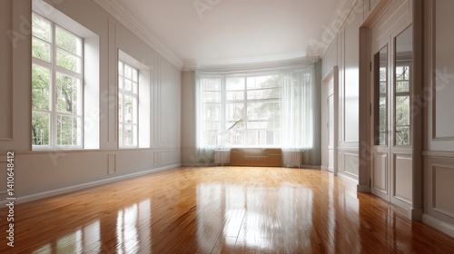Wallpaper Mural Empty, sunlit room with hardwood floors and large windows.  The elegant space is perfect for a new home or apartment. Torontodigital.ca