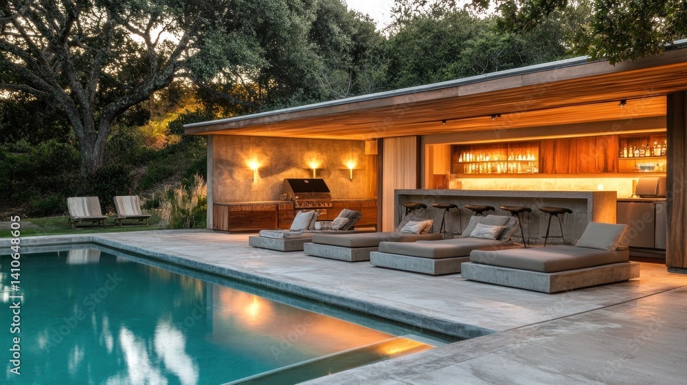 Fototapeta premium Modern pool house interior with concrete bar and daybeds 
