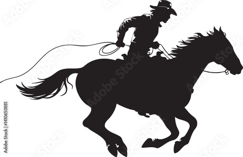 A vector silhouette of a wild west cowboy riding a running horse with rope