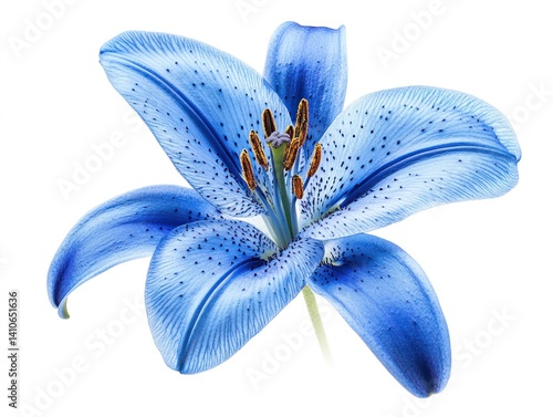 Fresh tropical blue lily flower isolated on a pure white background The bold vibrant blue petals and delicate structure of the flower are captured in stunning detail