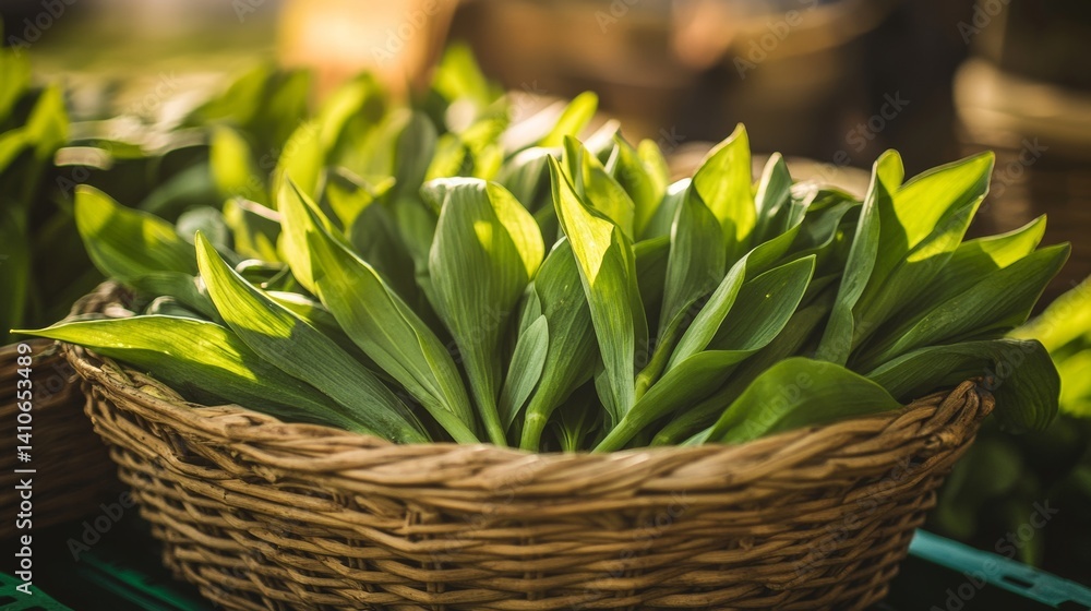 Fresh wild garlic in a woven basket at a vibrant farmer's market in springtime sunlight Fresh wild garlic in a woven basket at a vibrant farmer's market in springtime sunlight