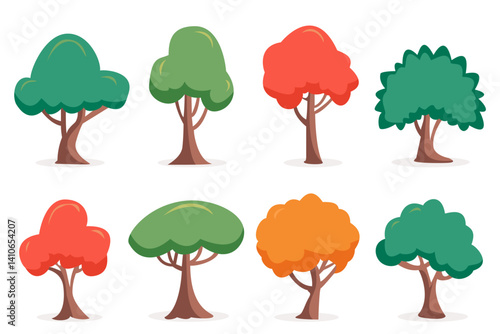 A set of trees with green and red leaves. Cartoon trees concept for design.
