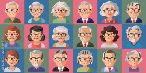 WebA colorful grid features a variety of elderly characters, each with distinct hairstyles and glasses. Their cheerful expressions showcase the diversity of age and personality.