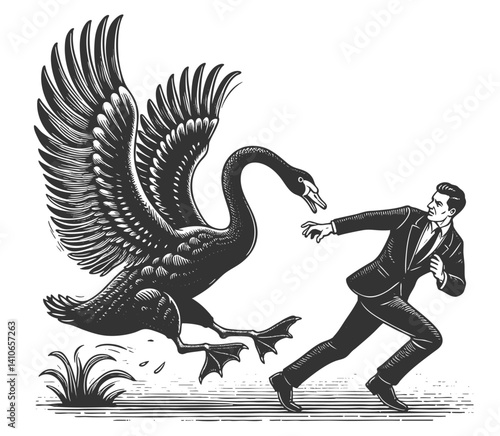 black swan aggressively pursuing a fleeing man in a suit, metaphor for unpredictable and disruptive events sketch engraving generative ai vector illustration. Scratch board. Black and white image.
