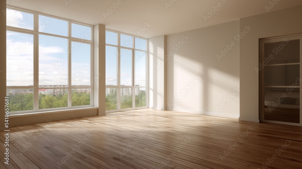 Sunlight streams into a minimalist room with hardwood floors and large windows offering a view of trees and buildings. Sunlight streams into a minimalist room with hardwood floors and large windows offering a view of trees and buildings.