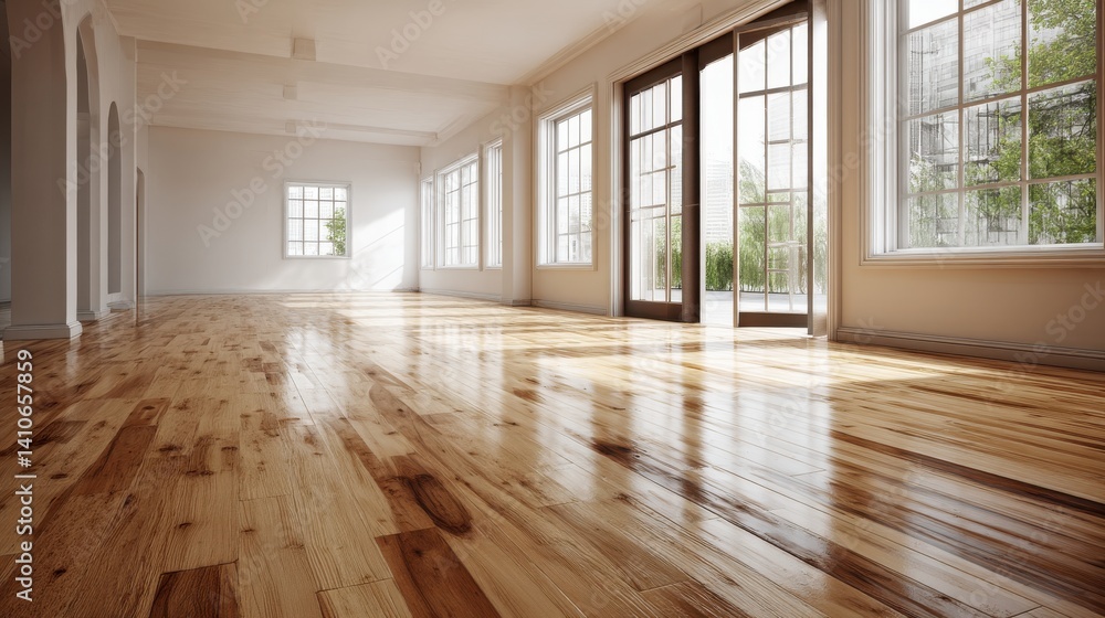 Naklejka premium Sunlight streams into a bright, spacious room with gleaming hardwood floors and large windows, creating a warm and inviting atmosphere.