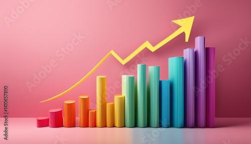 Free Download trend analysis graph with colorful bars and arrow on pink background for business growth concept - GFXLoad