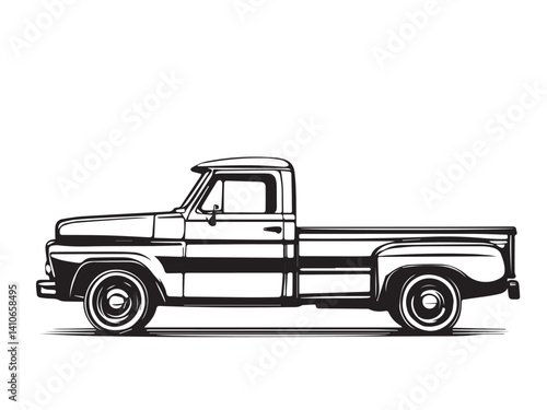 Vintage classic pickup truck silhouette. Black silhouette of a pickup truck isolated on white background. Vector silhouette.	