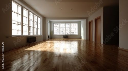 Wallpaper Mural Sunlight streams into a spacious, empty room with hardwood floors and large windows. The interior is minimalist and modern, offering a clean and bright aesthetic. Torontodigital.ca