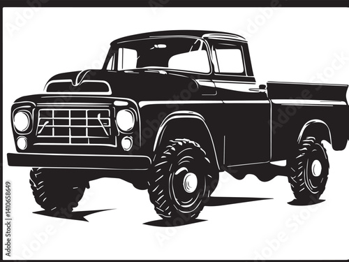 Vintage classic pickup truck silhouette. Black silhouette of a pickup truck isolated on white background. Vector silhouette.	