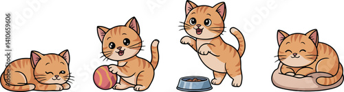  ute Cat Set: Kitten Playing, Sleeping, and Eating with Ball and Bowl