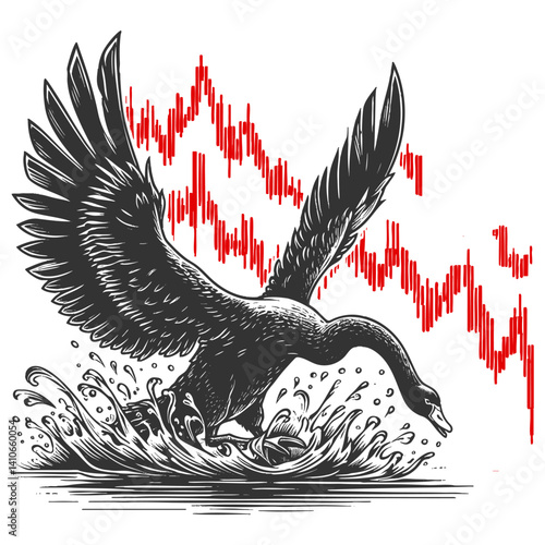 black swan landing in turbulent water with a red crashing stock chart, financial catastrophe and rare disruptive events sketch engraving generative ai vector illustration. Black and white.
