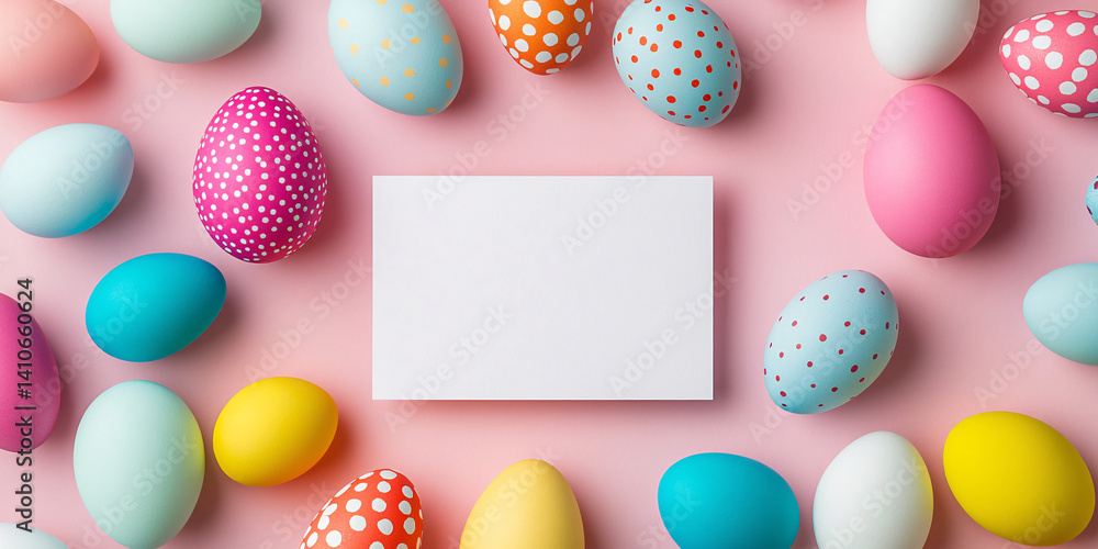 Various Easter eggs surround white text frame. colorful bright background. easter. spring. holiday