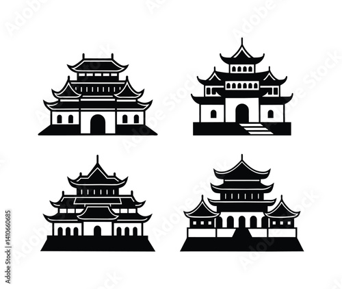 A set of four Chinese castle vector silhouette designs.