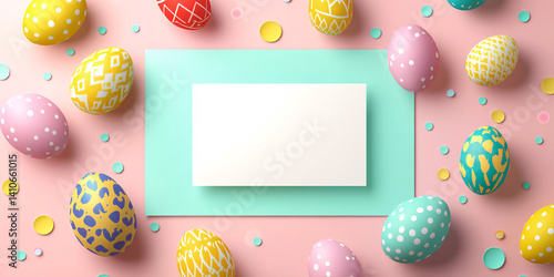 Various Easter eggs surround white text frame. colorful bright background. easter. spring. holiday