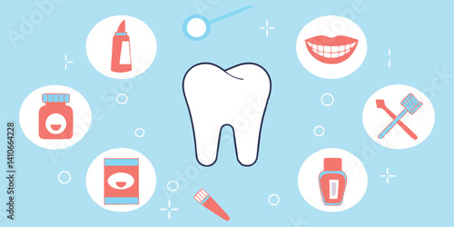 Dental Practice Vector Illustration with Tooth, Toothbrush, Mouthwash, and Oral Care Icons