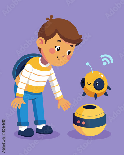 A curious child peers intently at the BeeBots builtin sensors trying to understand how they work and affect its movement.. Vector illustration
