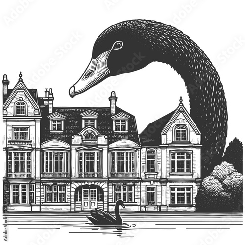 giant black swan looming over a European-style cityscape, symbolizing rare and disruptive events sketch engraving generative ai vector illustration. Scratch board imitation. Black and white image.