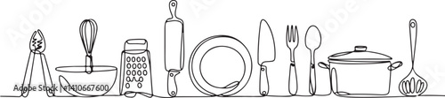  Outline Illustration of Kitchen Utensils, Rolling Pin, Knife, Fork, Spoon, and Bowl, Cooking Tools, Kitchen Equipment for Cooking Preparation Concept