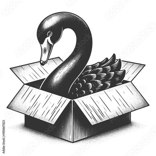 black swan unexpectedly appearing from a cardboard box, symbolizing surprise, rarity, and disruptive unknowns sketch engraving generative ai vector illustration. Scratch board. Black and white image.