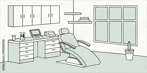 Dental Office Interior Illustration: A simplified illustration of a modern dental office interior, featuring a dental chair, desk, and cabinets. Clean lines and neutral tones depict a comfortable.