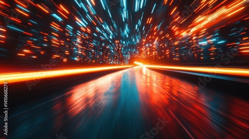 Dynamic light trails in futuristic tunnel with vibrant neon colors