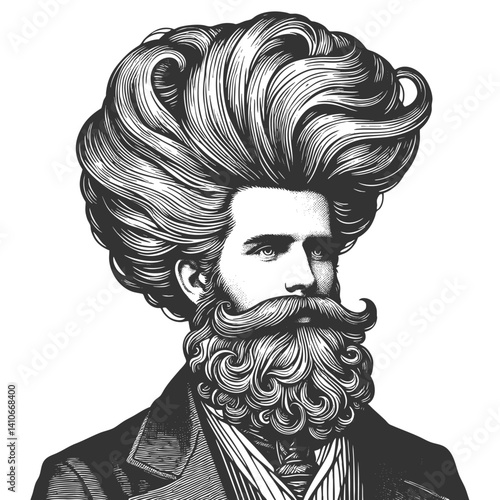gentleman with an incredibly large, curly hairstyle, blending humor, surrealism, and vintage artistic style sketch engraving generative ai vector illustration. Scratch board. Black and white image.