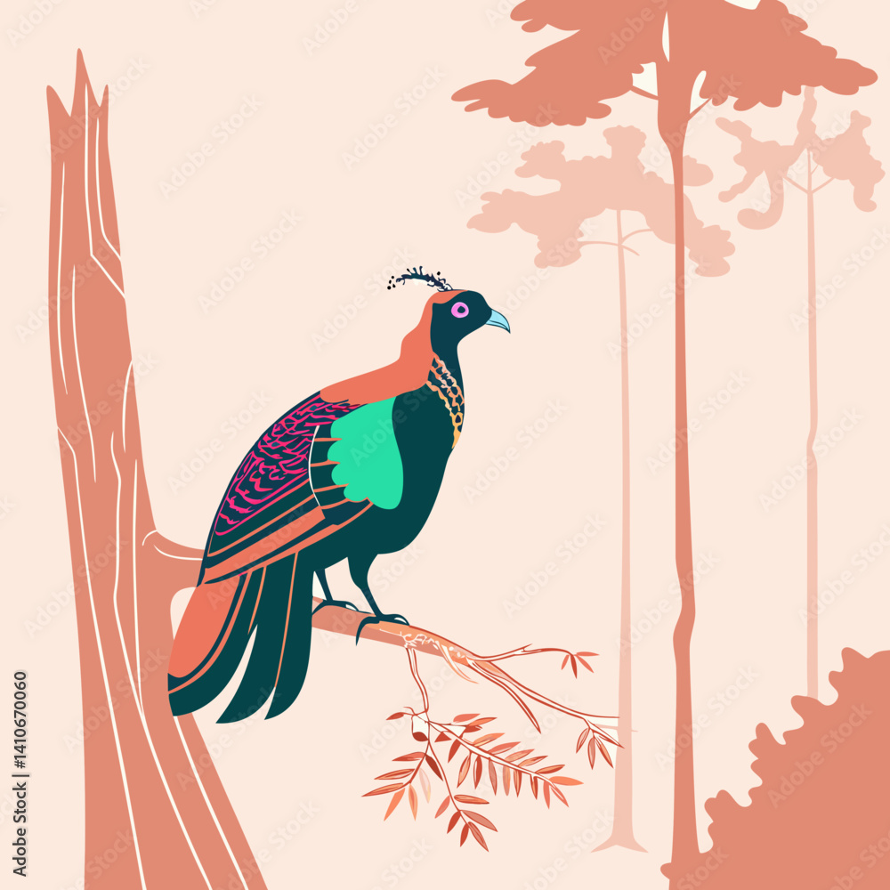 Fototapeta premium A vibrant illustration of the Himalayan Monal, a bird with iridescent plumage found in Himalayan forests, showcasing its stunning colors and natural beauty.