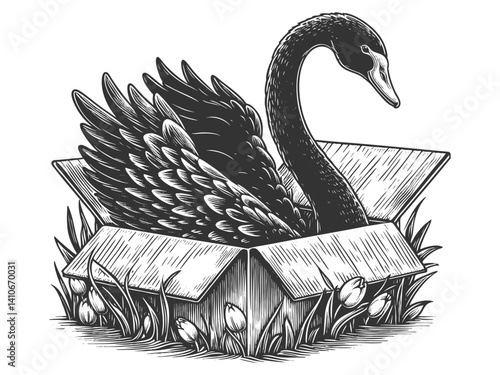black swan unexpectedly appearing from a cardboard box, symbolizing surprise, rarity, and disruptive unknowns sketch engraving generative ai vector illustration. Scratch board. Black and white image.