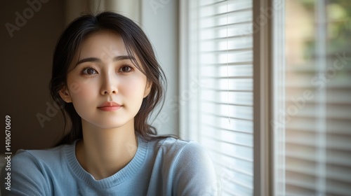 Asian young female in blue sweater gazing thoughtfully by window Free Download Asian young female in blue sweater gazing thoughtfully by window - GFXLoad
