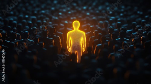 Glowing orange figure standing out in crowd of dark outlines