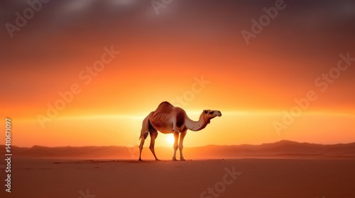 A solitary camel stands against a stunning desert sunset  capturing the essence of arid beauty and resilience in nature s magnificent play of colors over the horizon.