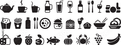 Collection of Black and White Food and Drink Icons: Dishes, Drinks, Snacks, and Fruit