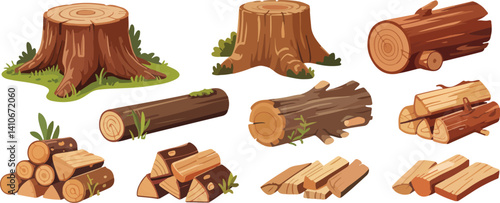 Various Wood Logs and Tree Stumps, Cut Wood, Firewood, Forestry, Natural Resources, Timber, and Wood Cutting, Sustainable Wood Collection