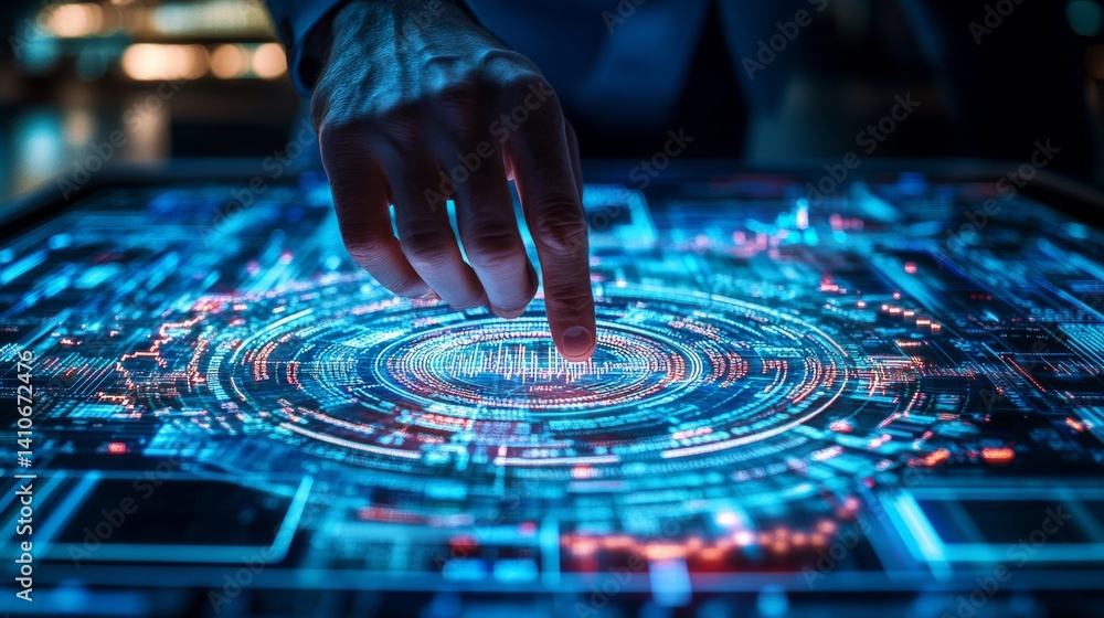 Naklejka premium In modern business, a corporate professional employs a digital interface to examine risk management strategies, underscoring the significance of proactive mitigation and contingency planning