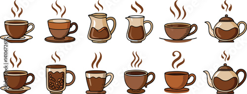  : Coffee and Tea Cups, Pots, and Steam Icons in Brown, Hot Beverages, Coffee Culture, Tea Concept, Beverage Icons for Coffee Shops and Cafes