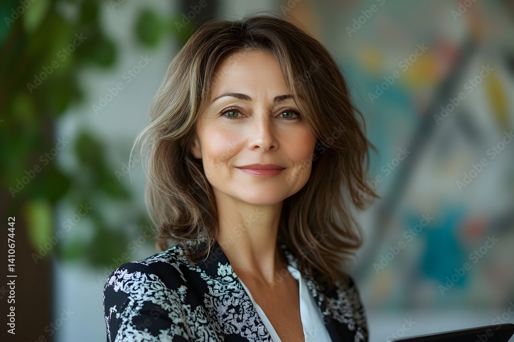 Fototapeta premium A sophisticated businesswoman exudes confidence and warmth, her gaze inviting connection as she stands in a modern setting, a symbol of professionalism and leadership.