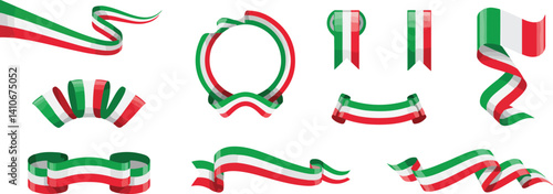  Illustration of various red, green, and white ribbon shapes, including flags, loops, and curved designs. Ideal for Italy-themed projects, celebrations, or designs representing Italian culture.