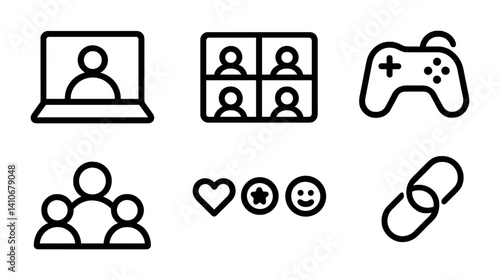 Digital communication and gaming icons - video call, multiplayer, game controller, social interaction.