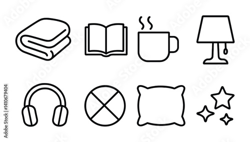 Minimalist icons of blanket, book, mug, lamp, headphones, pillow, cross, and stars.