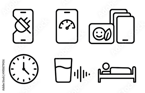 Mobile interface icons: battery, gauge, gallery, clock, water, sleep.