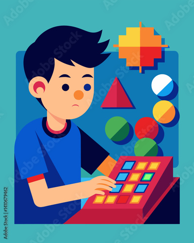 A boy eagerly adjusting the parameters of his code to produce a symphony of geometric shapes and colors.. Vector illustration