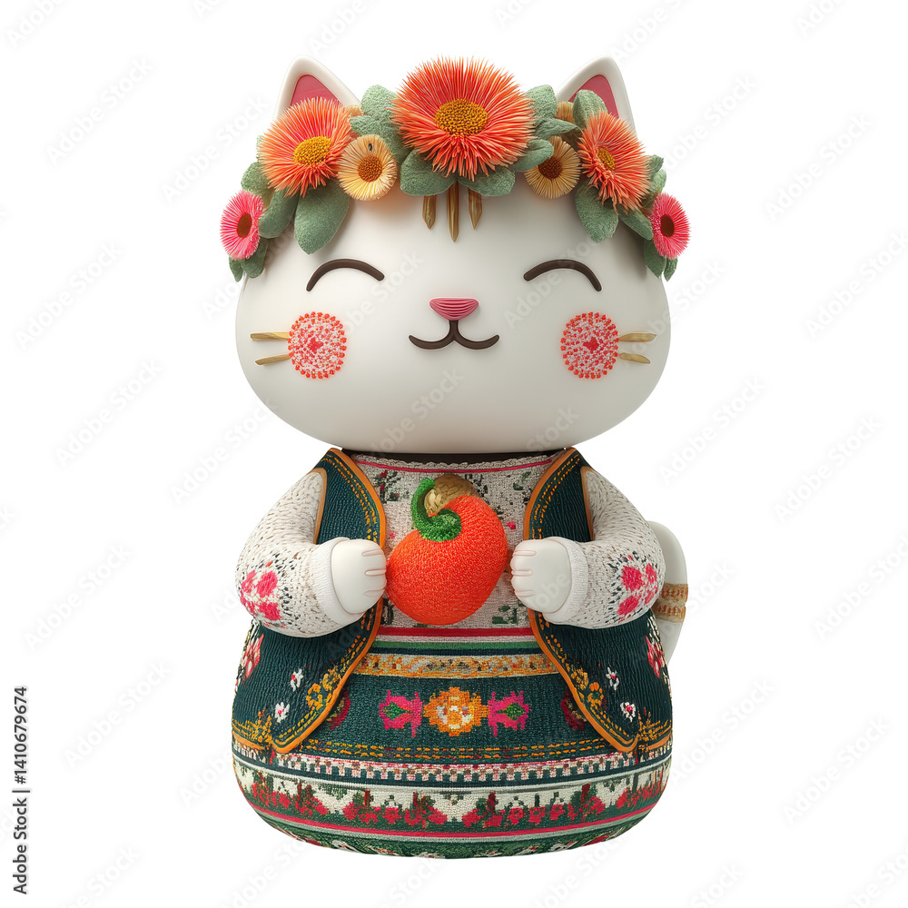 Fototapeta premium Smiling Folk Cat Holding a Bright Red Pepper