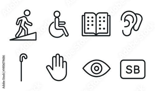 Accessibility icons set featuring disability symbols and assistive technology elements.