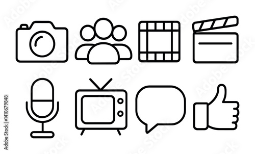 Vector outline icons: camera, people, film strip, clapboard, microphone, tv, speech bubble, thumbs up.