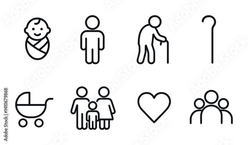 Family life cycle icons: baby, child, adult, elderly, family, heart, stroller.