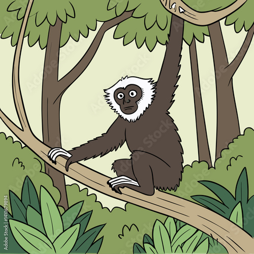 Vector illustration of the Hoolock Gibbon, an ape species native to the dense forests of Northern India, showcasing its unique features and natural beauty.