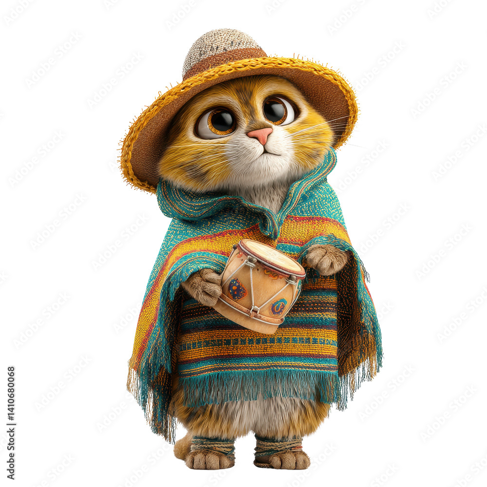Fototapeta premium Adorable Cat in Colorful Poncho Playing a Drum