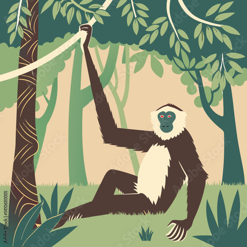 Vector illustration of the Hoolock Gibbon, an ape species native to the dense forests of Northern India, showcasing its unique features and natural beauty.