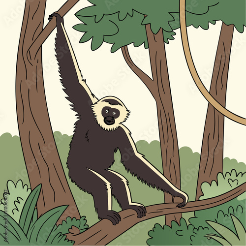 Vector illustration of the Hoolock Gibbon, an ape species native to the dense forests of Northern India, showcasing its unique features and natural beauty.